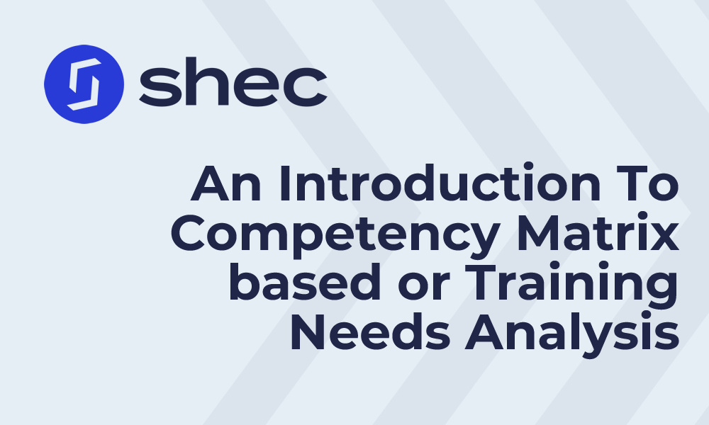 Presentation slide titled "an introduction to competency matrix based or training needs analysis" with the "shec" logo.