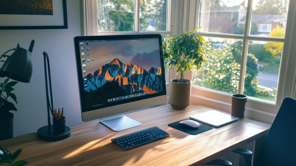 Sunny home office with computer and scenic mountain wallpaper