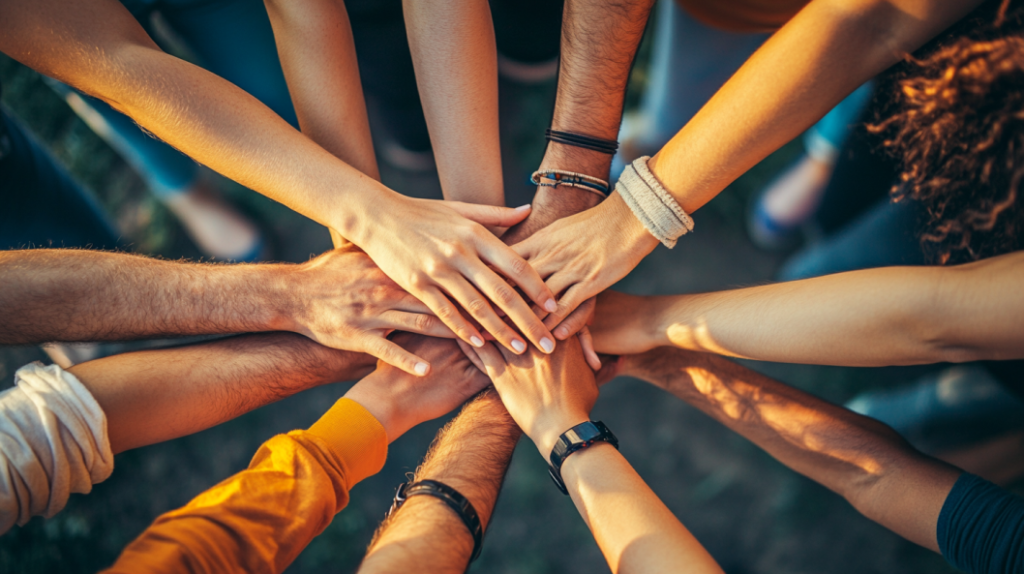 Diverse hands stacked together in unity outdoors