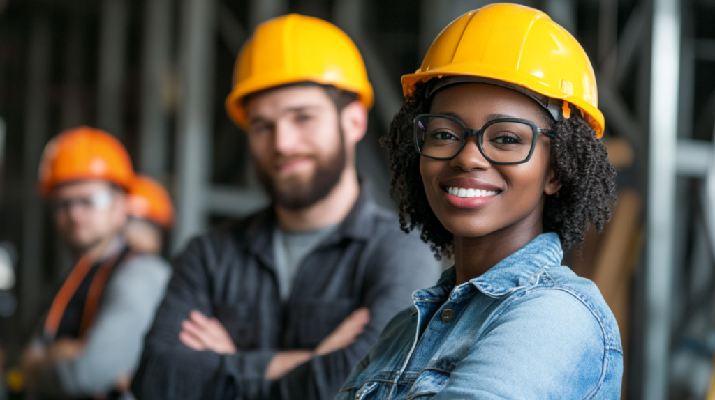 Confident construction workers in hard hats smiling