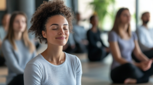 Woman peacefully meditating in group session