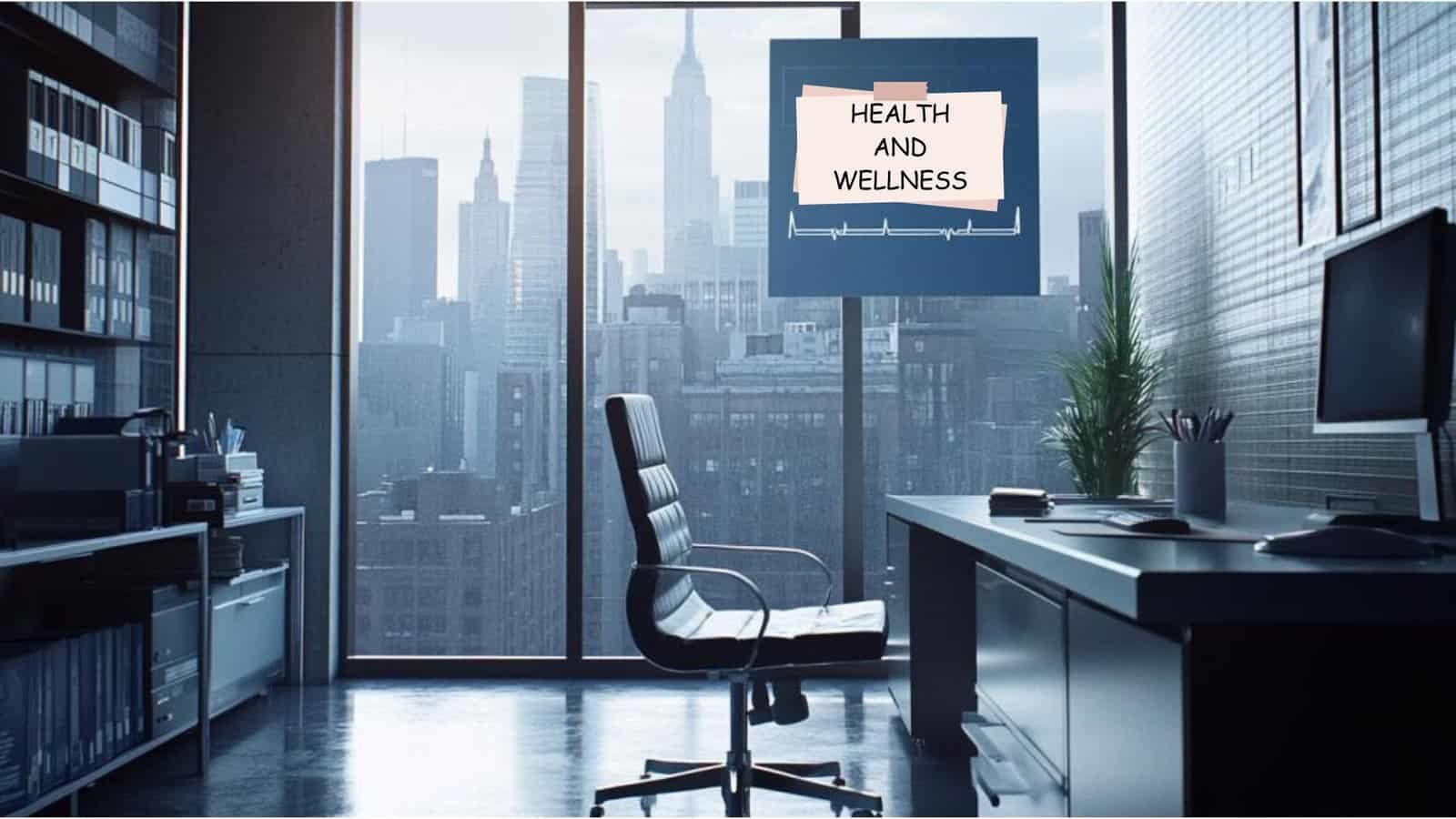 Office with city view promoting health and wellness