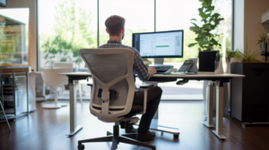 Man working at modern dual-monitor computer desk