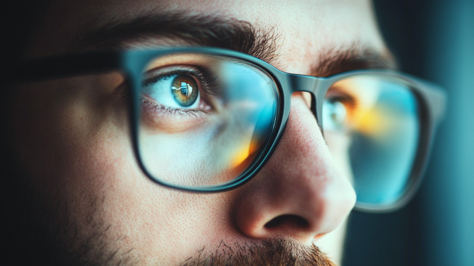 Close-up of man wearing glasses with reflective lens