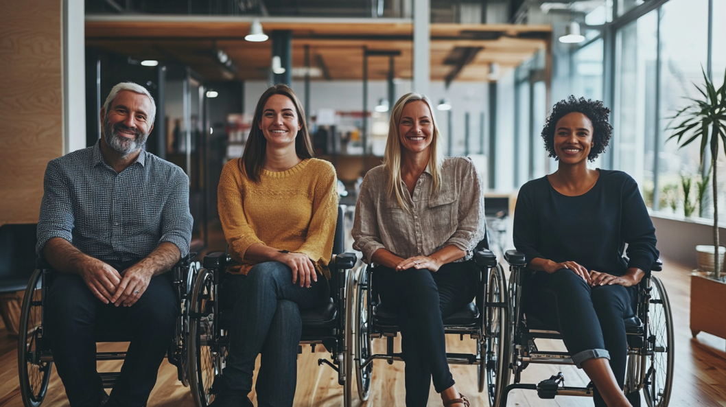 Diverse office team smiling in modern workspace