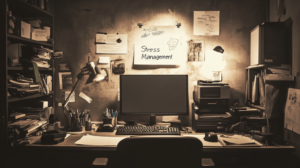 Cluttered office desk with stress management notes